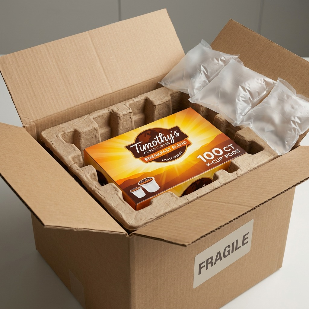 Timothy's Breakfast Blend 100ct coffee pods safely packed in a shipping box with air cushions.