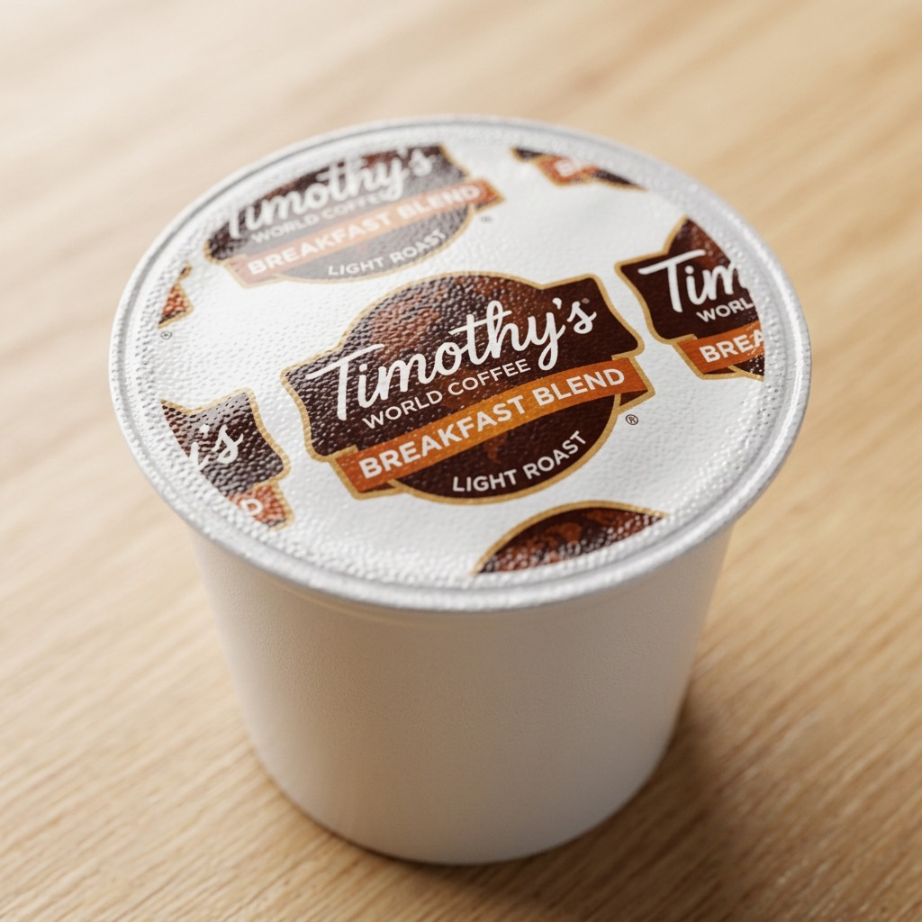 Macro detail of a Timothy's Breakfast Blend Light Roast K-Cup pod with foil seal on wood surface.