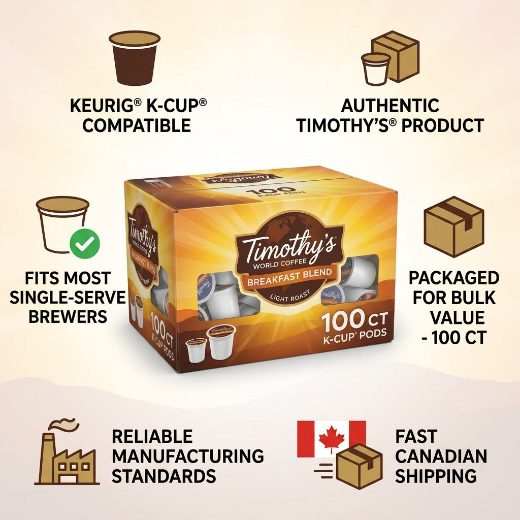 Timothy's Breakfast Blend 100-count K-Cup box with icons for Keurig compatibility and Canadian shipping.