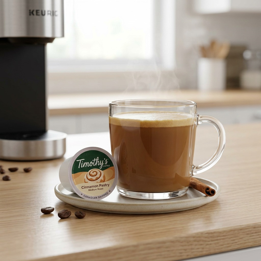 Timothy's Cinnamon Pastry K-Cup beside a steaming clear mug of medium roast coffee in a kitchen.