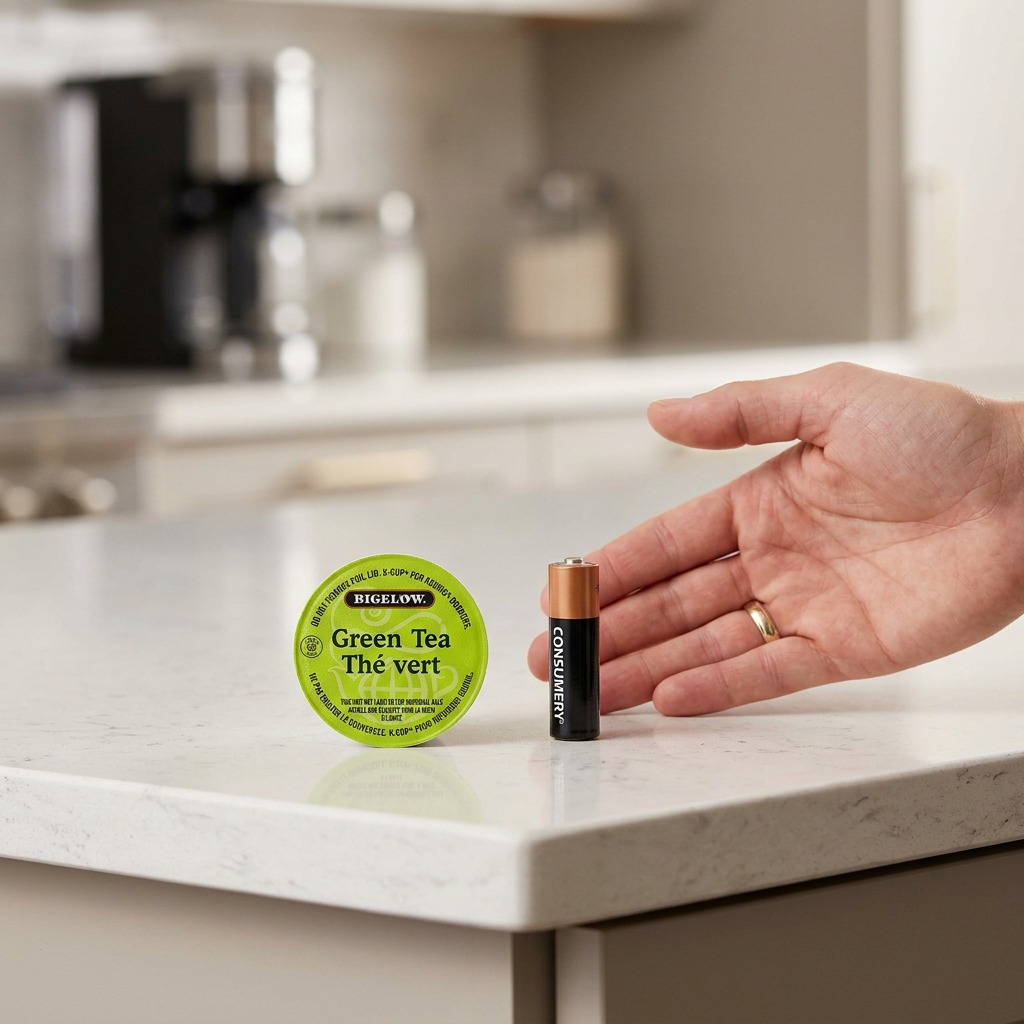 Bigelow Green Tea K-Cup pod placed next to an AA battery and a human hand to show actual size.
