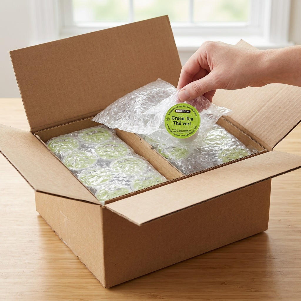 Hand lifting a Bigelow Green Tea K-Cup from a well-packed shipping box with protective bubble wrap.