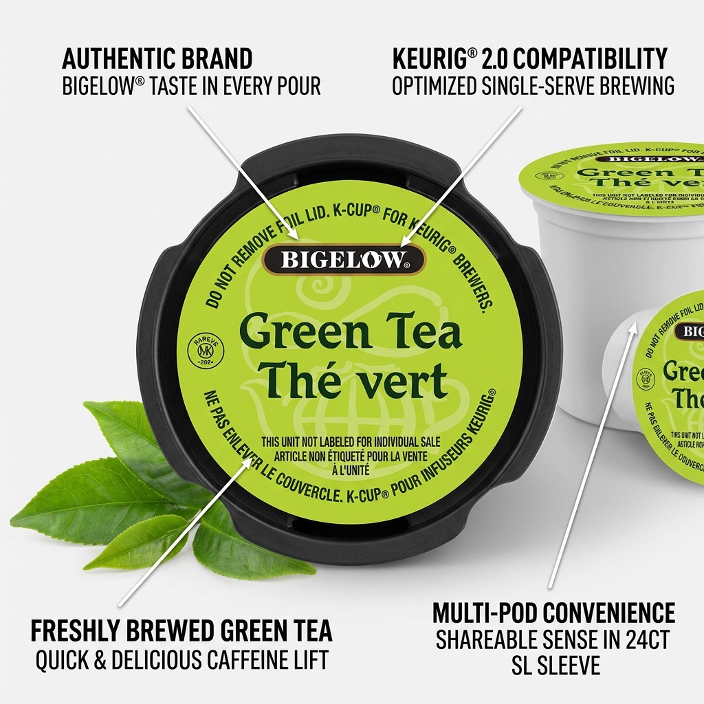 Bigelow Green Tea K-Cup pods graphic highlighting Keurig 2.0 compatibility and multi-pod convenience.