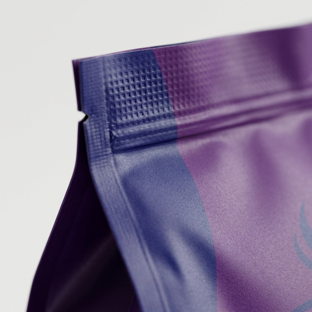 Macro close-up of the resealable zipper seal and textured purple packaging for Timothy's Parisian Nights coffee.