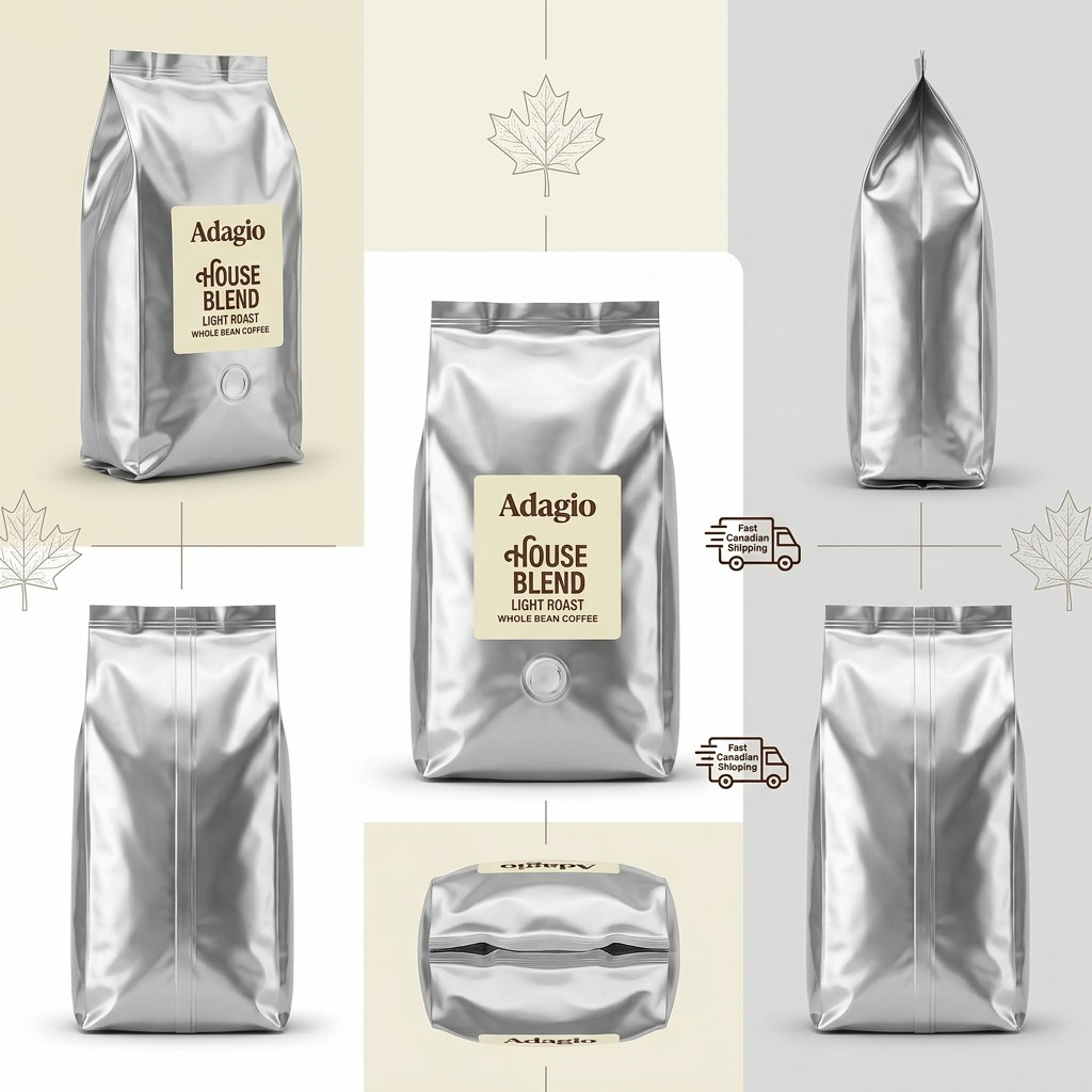 Multiple angles of the Adagio House Blend 5lb silver coffee bag, including front, side, and back.