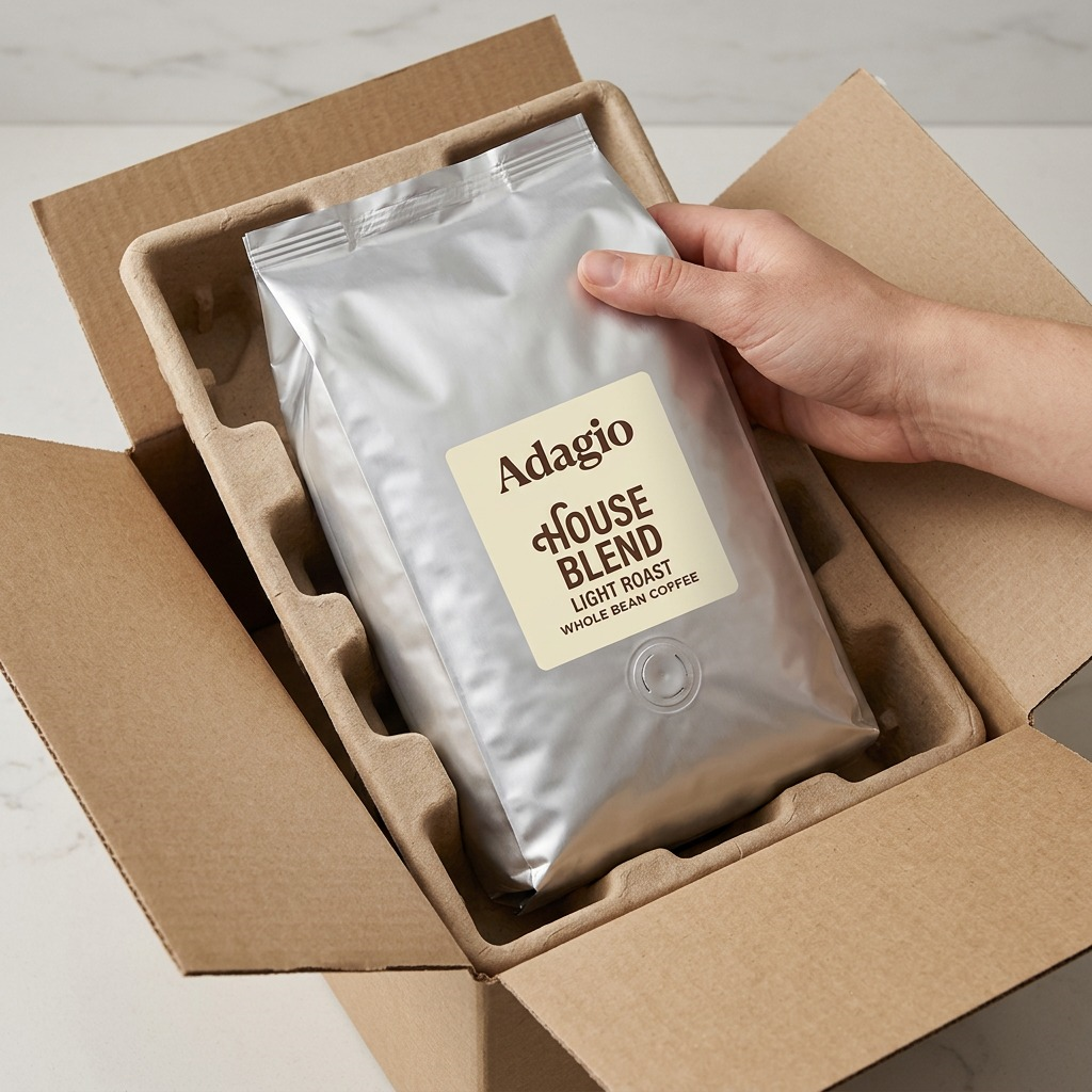 Hand unboxing a 5lb bag of Keurig Adagio House Blend Light Roast whole bean coffee from a shipping box.