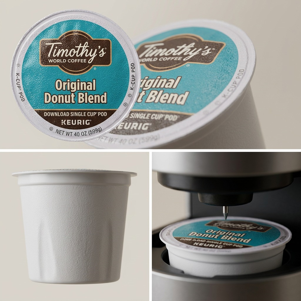 Macro view of Timothy's Original Donut Blend K-Cup pod texture, lid detail, and brewer placement.