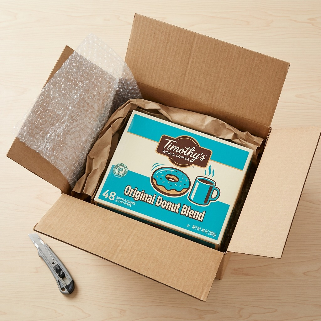 Timothy's Original Donut Blend 48-count K-Cup box secured with bubble wrap in a shipping carton.