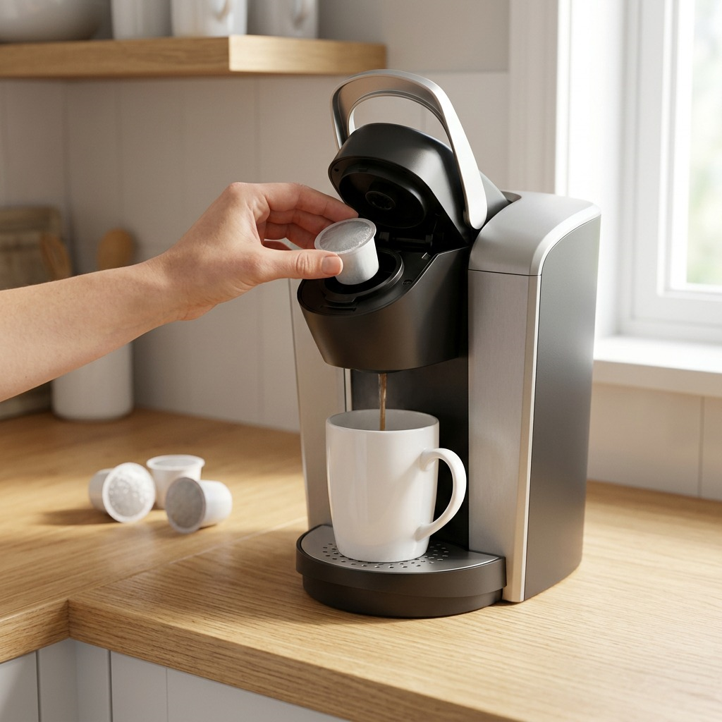 A hand placing a Timothy's Original Donut Blend K-Cup pod into a Keurig brewer on a kitchen counter.