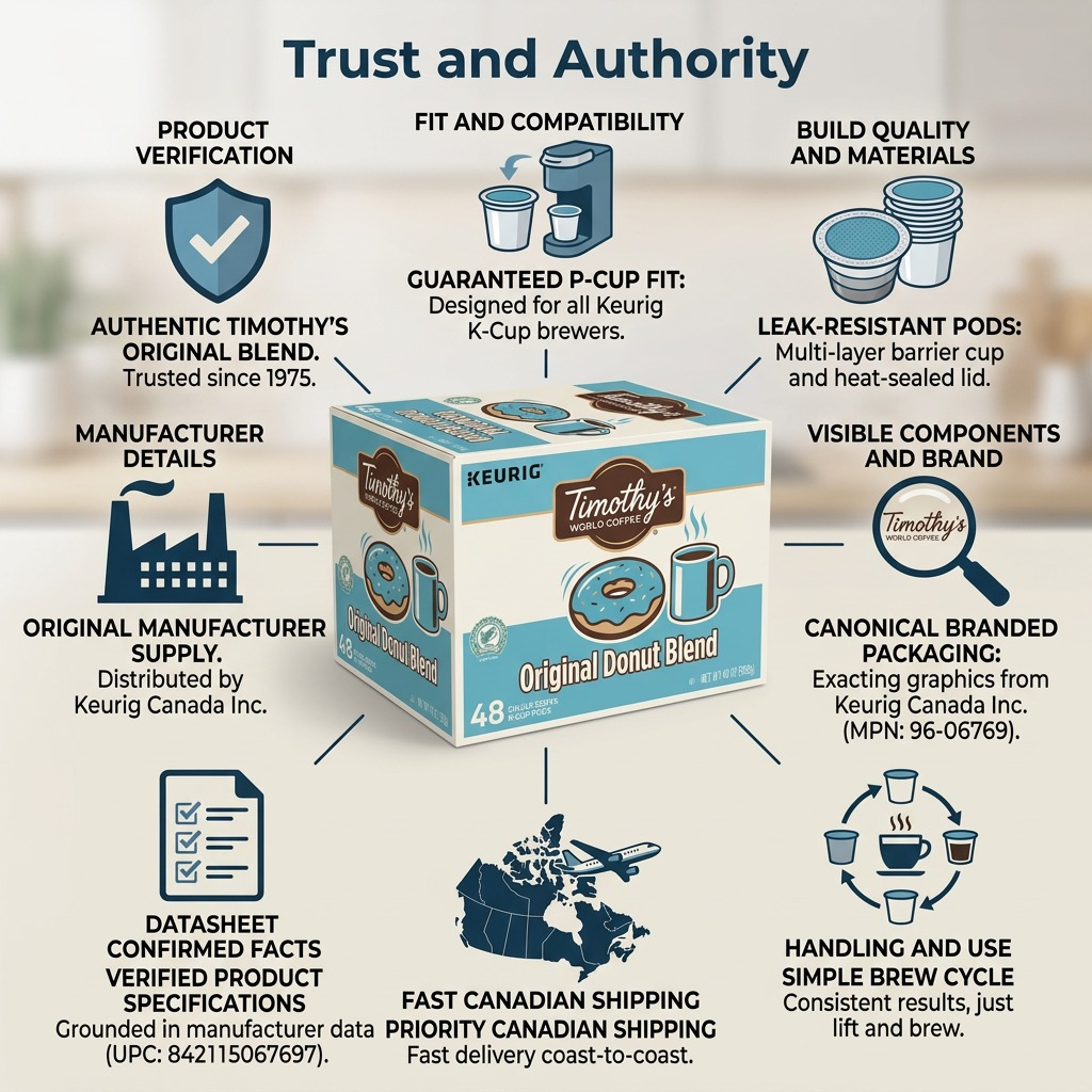Timothy's Original Donut Blend 48-count K-Cup infographic showing Keurig compatibility and facts.