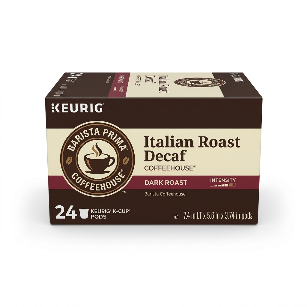 24-count box of Barista Prima Italian Roast Decaf Coffeehouse dark roast Keurig K-Cup pods.