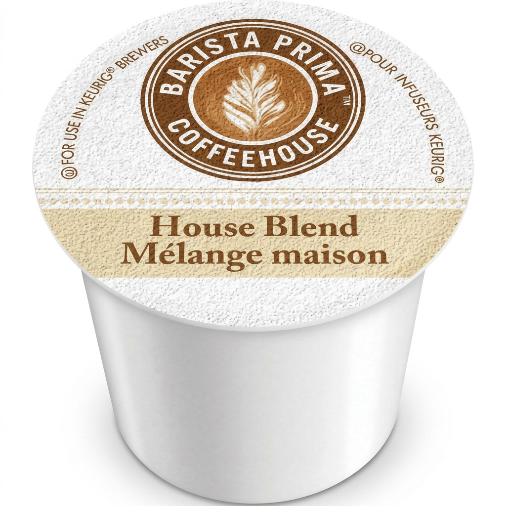 Single Barista Prima Coffeehouse House Blend K-Cup pod for Keurig brewers on a white background.