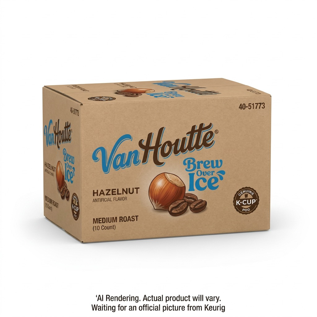 Box of Van Houtte Hazelnut Brew Over Ice K-Cup pods, 10-count pack, medium roast coffee.