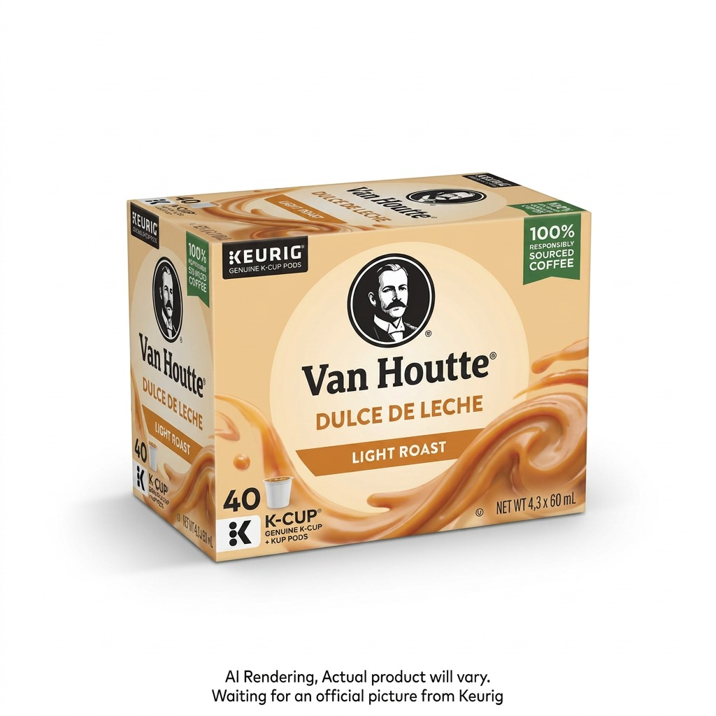 Van Houtte Dulce de Leche Light Roast K-Cup coffee pods 24-count box with caramel swirl design.