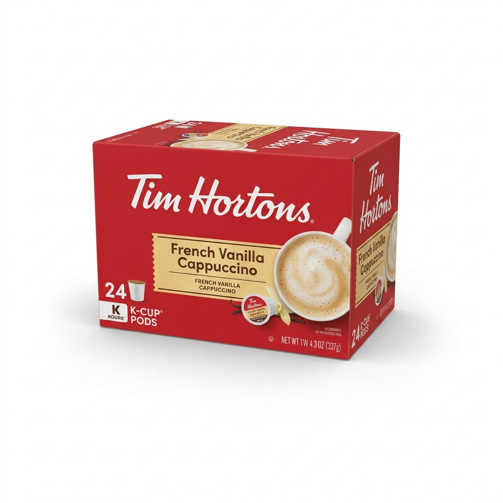 Tim Hortons French Vanilla Cappuccino, 24-count box of Keurig K-Cup pods.