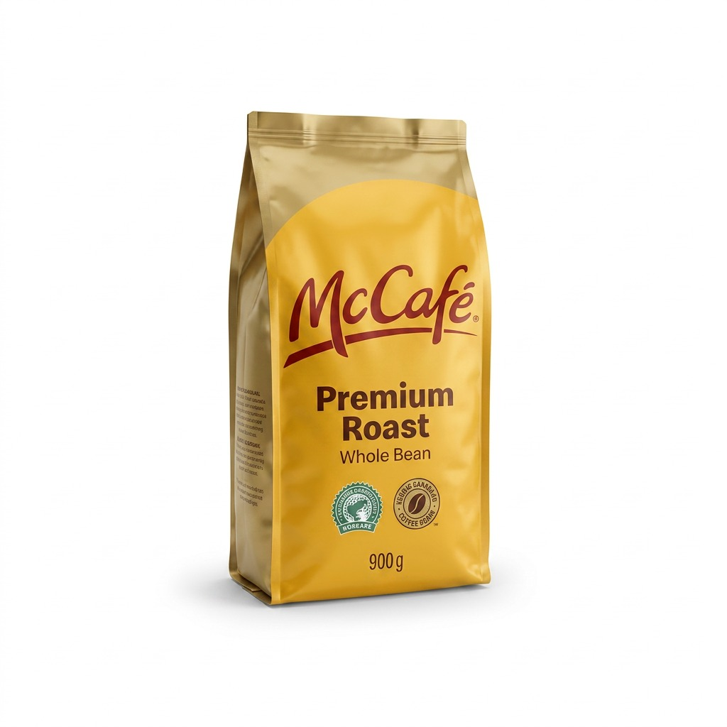 A 900g bag of McCafé Premium Roast Whole Bean Coffee on a white background.