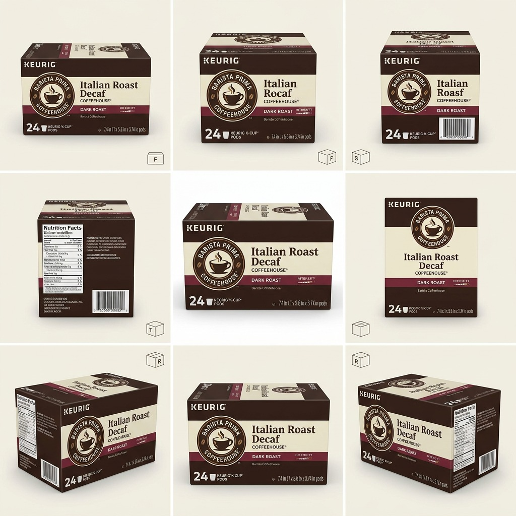 Grid showing front, side, and back views of Barista Prima Italian Roast Decaf 24-count K-Cup boxes.