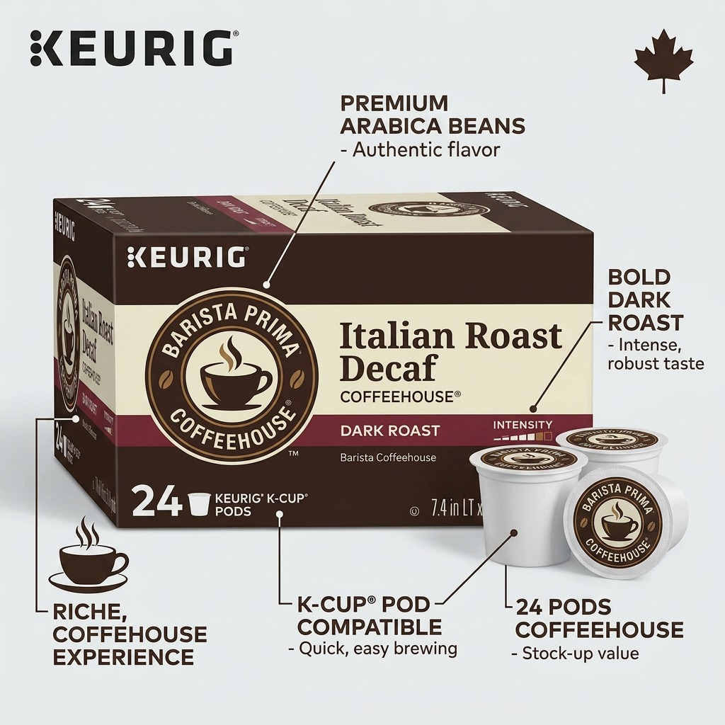 Features of Barista Prima Italian Roast Decaf K-Cups including bold dark roast and 24-count box.