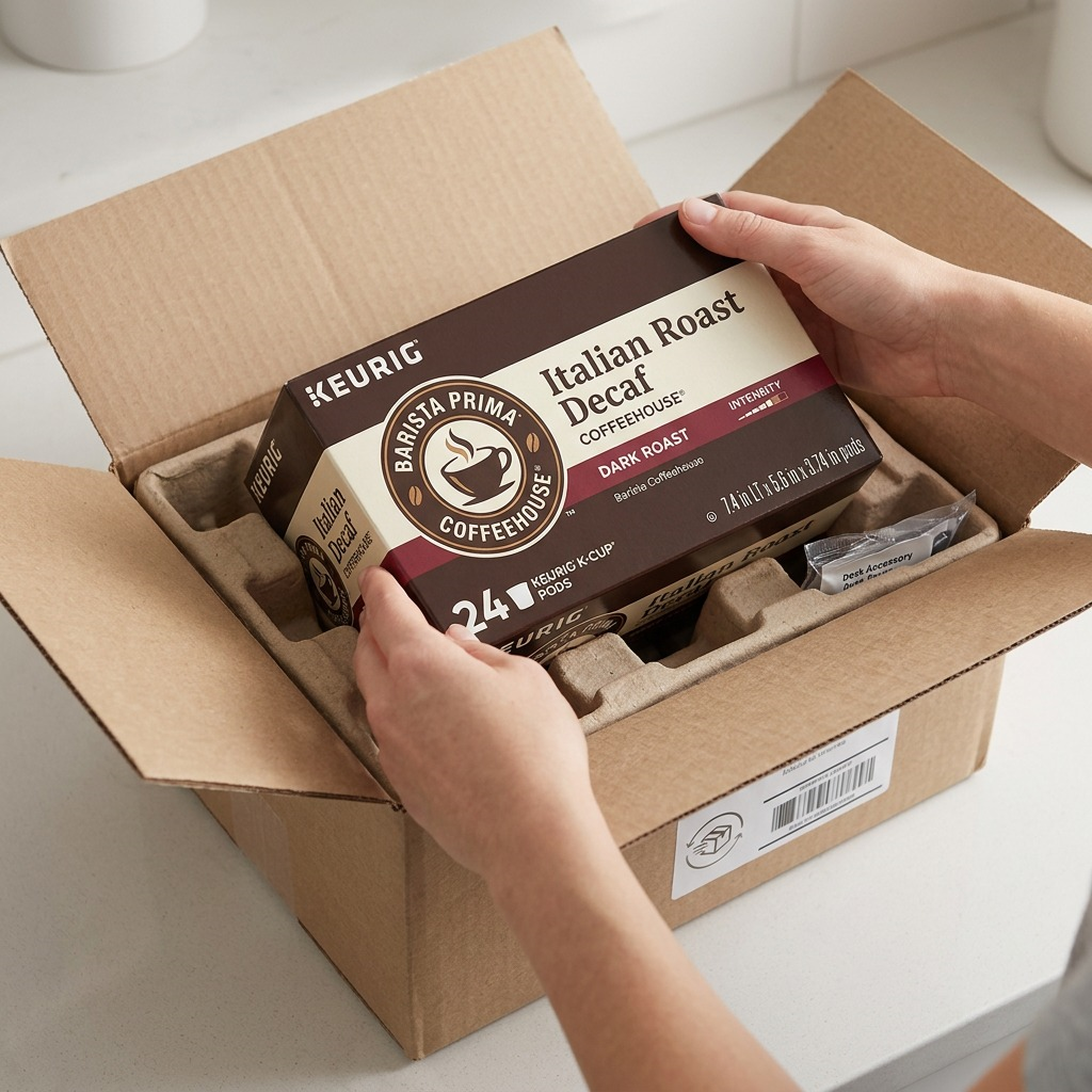 Hands unboxing a Barista Prima Italian Roast Decaf K-Cup box from a secure cardboard shipping box.