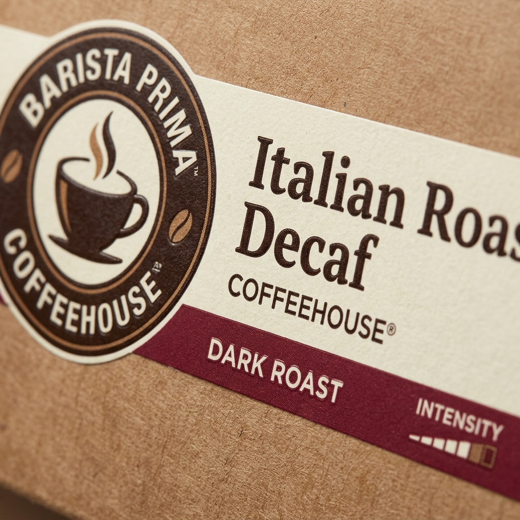 Macro detail of Barista Prima Italian Roast Decaf label showing dark roast intensity on cardboard.