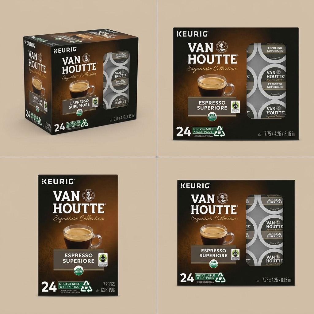 Four-view grid showing the front and side angles of Van Houtte Espresso Superiore 24ct K-Cup pod boxes.