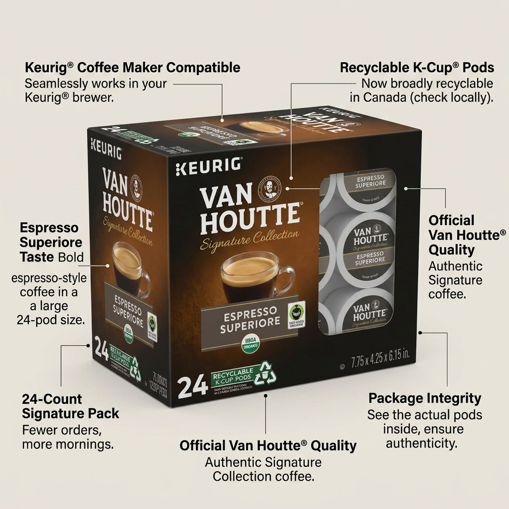 Van Houtte Espresso Superiore 24-count K-Cup box featuring compatibility and recyclability callouts.