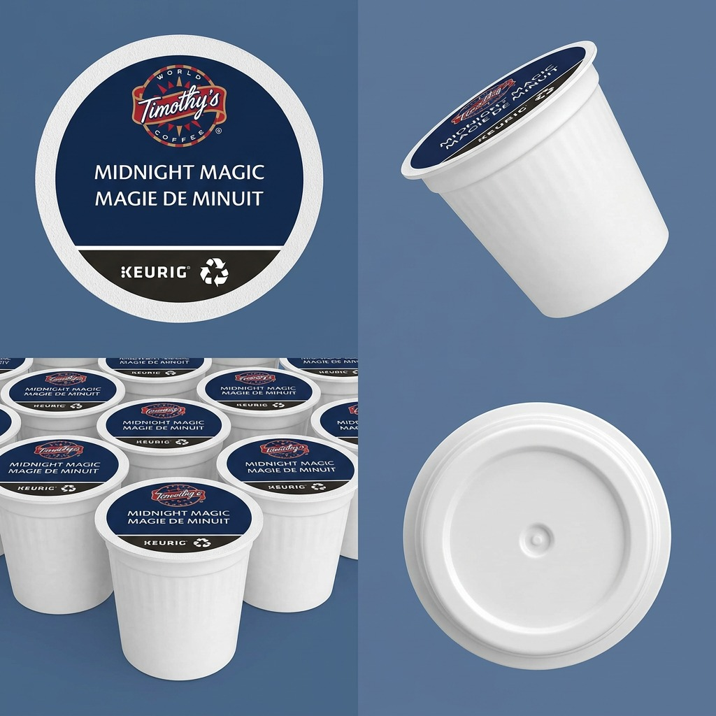 Four-panel view of Timothy's Midnight Magic K-Cups showing foil lid, side angle, and pod bottom.