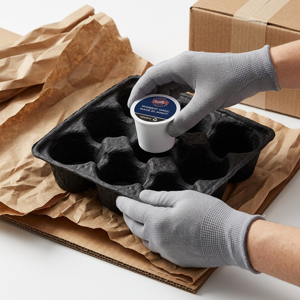 Gloved hands carefully unboxing a Timothy's Midnight Magic K-Cup Pod from protective packaging.