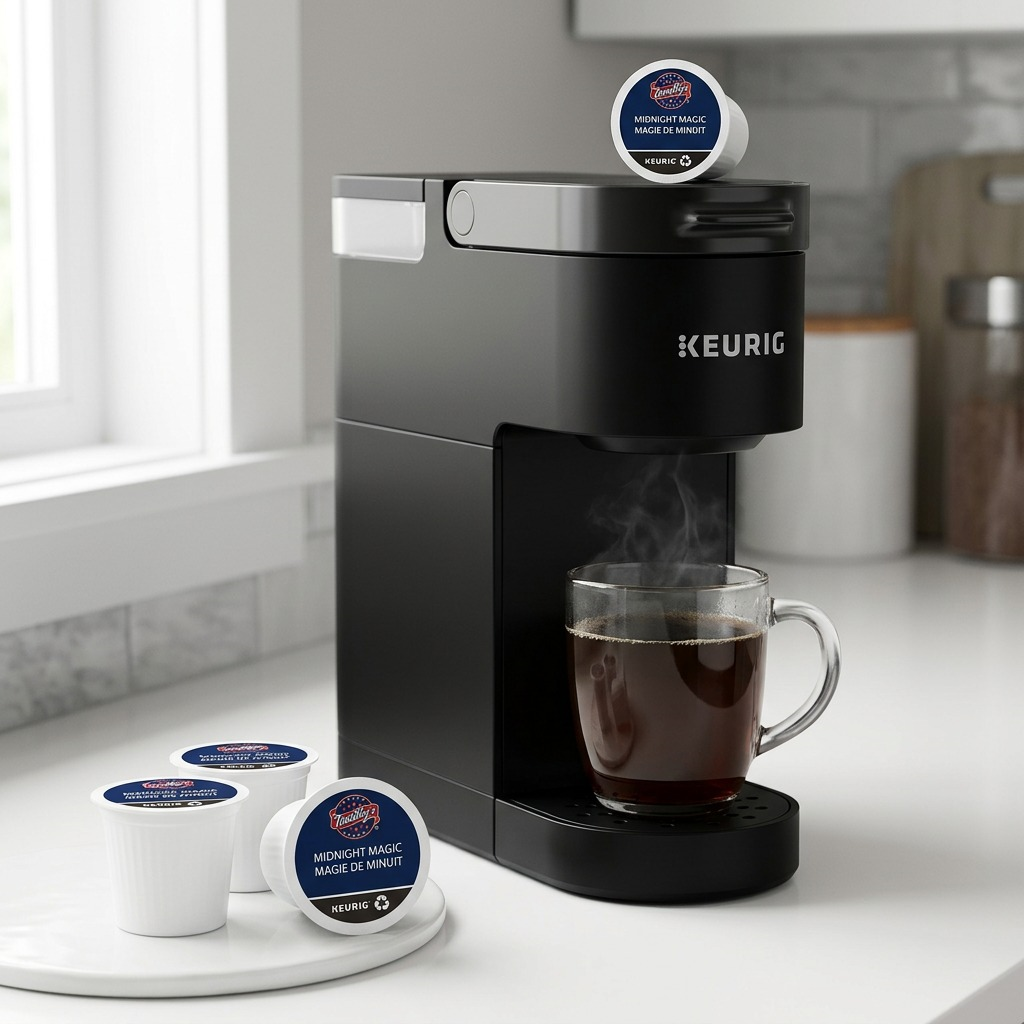 A steaming mug of Timothy's Midnight Magic Dark Roast coffee with a Keurig machine and K-Cup pods.