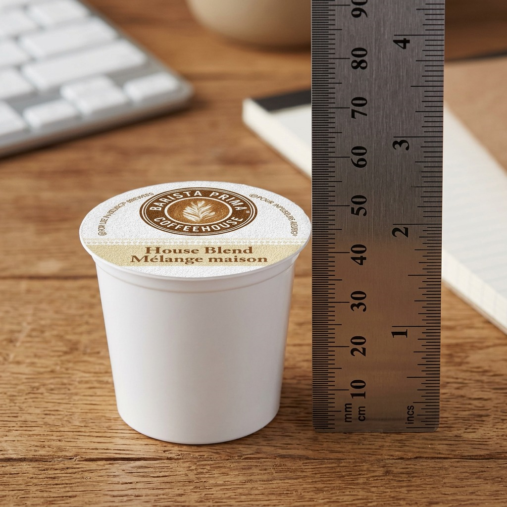 A Barista Prima Coffeehouse K-Cup pod placed next to a metal ruler for scale on a wooden desk.