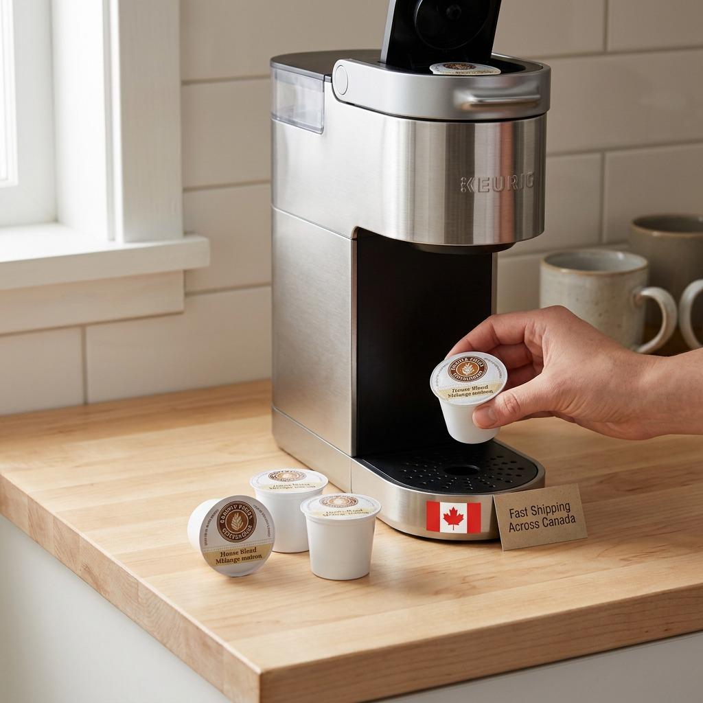 A hand placing a Barista Prima French Roast K-Cup pod into a Keurig machine on a wooden countertop.