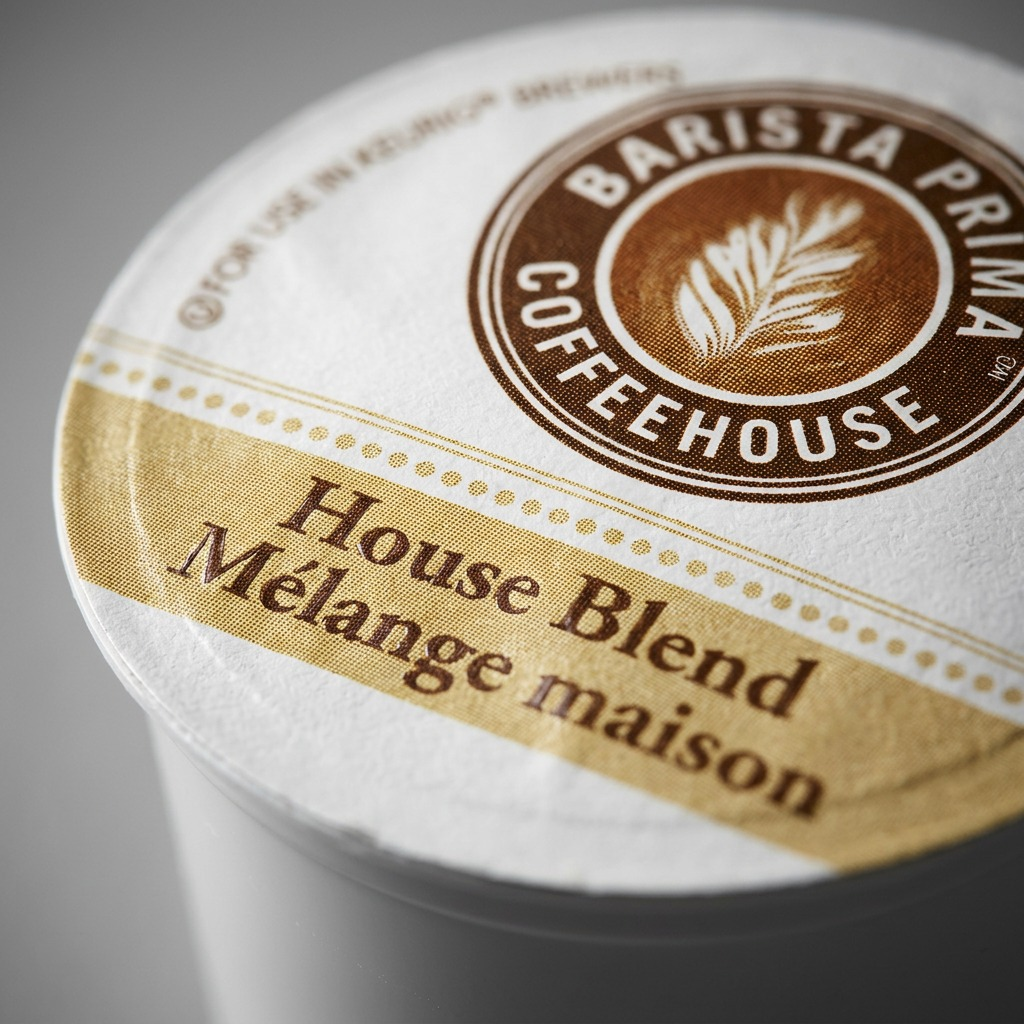 Extreme macro of a Barista Prima House Blend K-Cup lid showing paper texture and gold print detail.