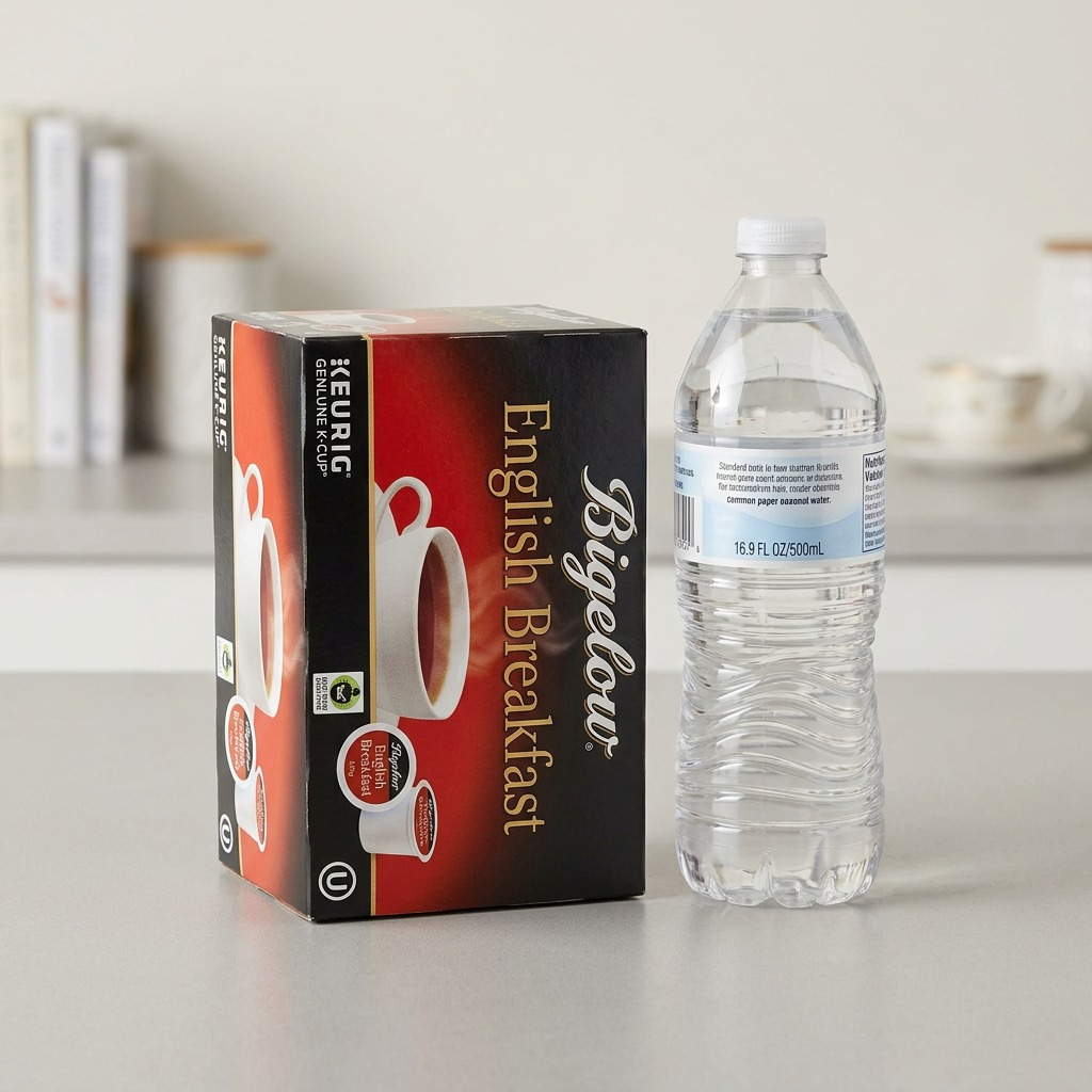 A 24-count box of Bigelow English Breakfast K-Cups next to a 500ml water bottle for size reference.