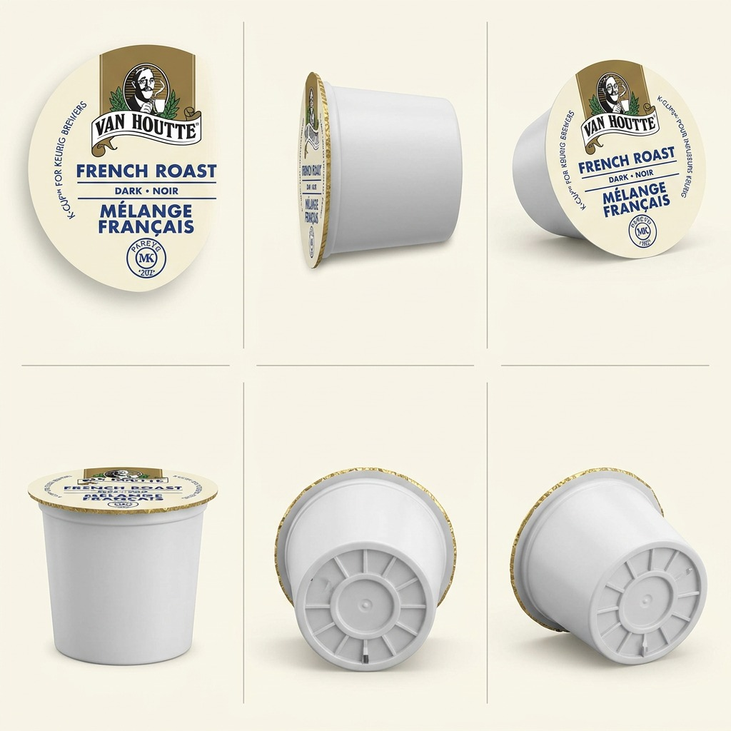 A 6-panel grid showing a Van Houtte French Roast coffee K-Cup from top, side, and bottom angles.