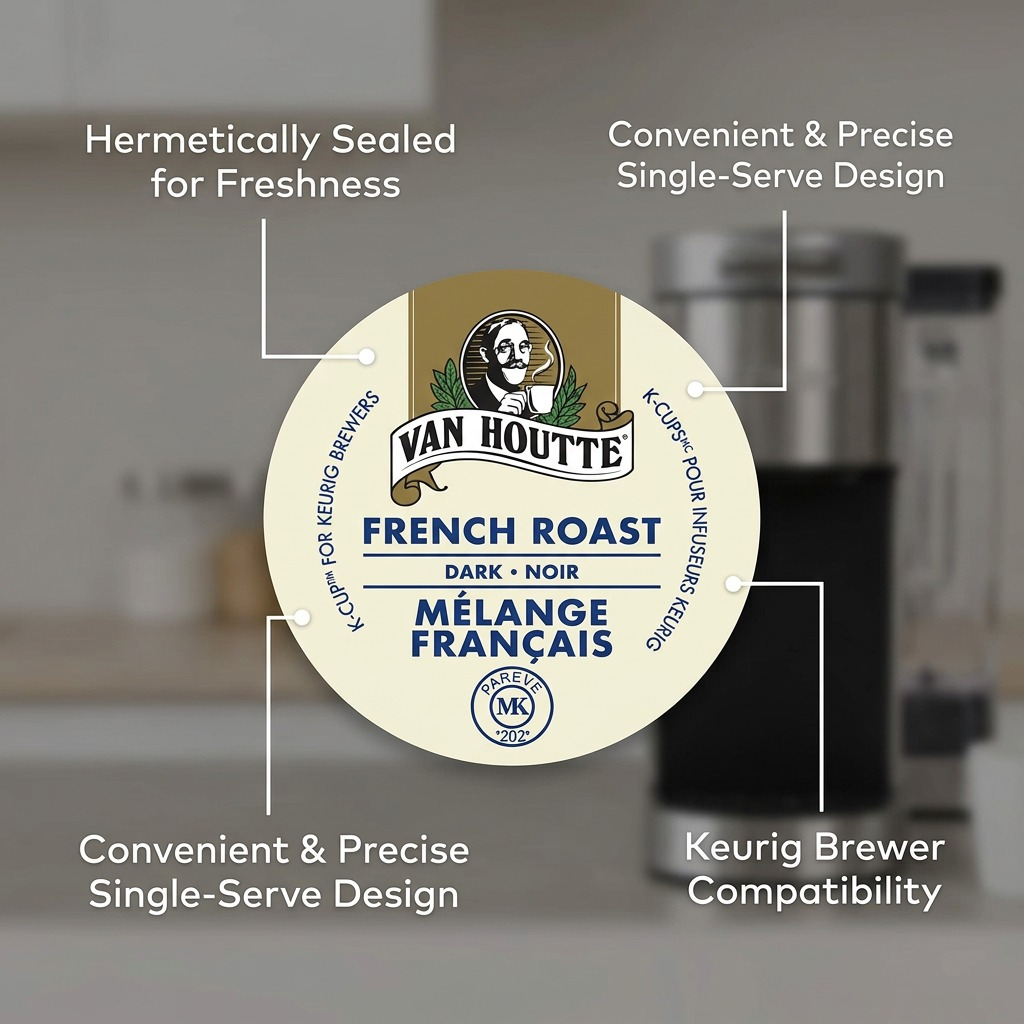 Van Houtte French Roast K-Cup feature callouts: hermetically sealed, Keurig brewer compatibility.