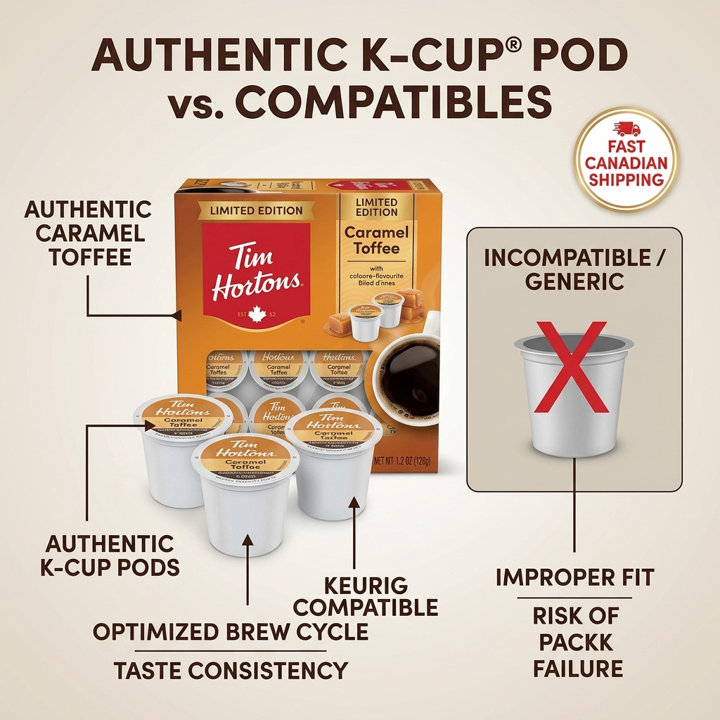 Graphic comparing authentic Tim Hortons Caramel Toffee K-Cup pods vs generic pods for Keurig brewers.