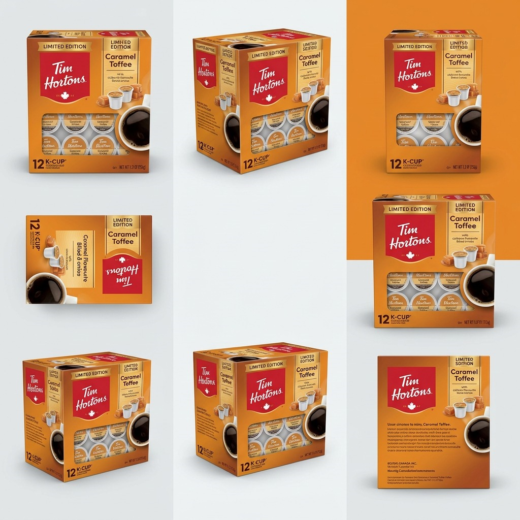 Grid of Tim Hortons Caramel Toffee K-Cup 12-pack boxes shown from various angles and orientations.