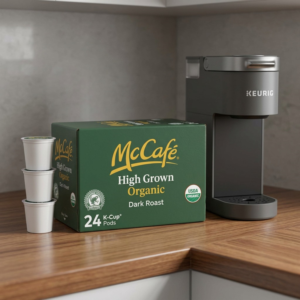 A box of McCafé Organic Dark Roast K-Cup pods next to a Keurig brewer for size reference.