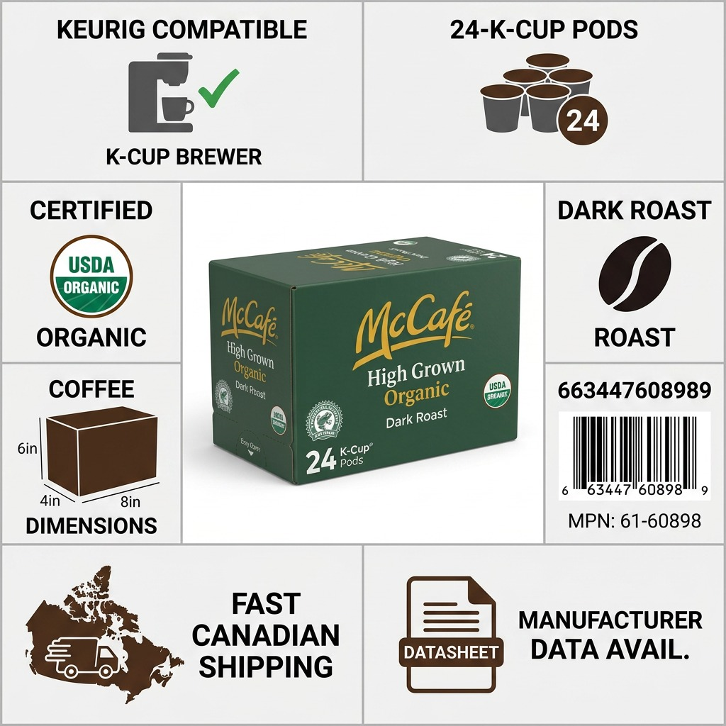 McCafé High Grown Organic Dark Roast 24-pack K-Cups infographic showing Keurig compatibility.