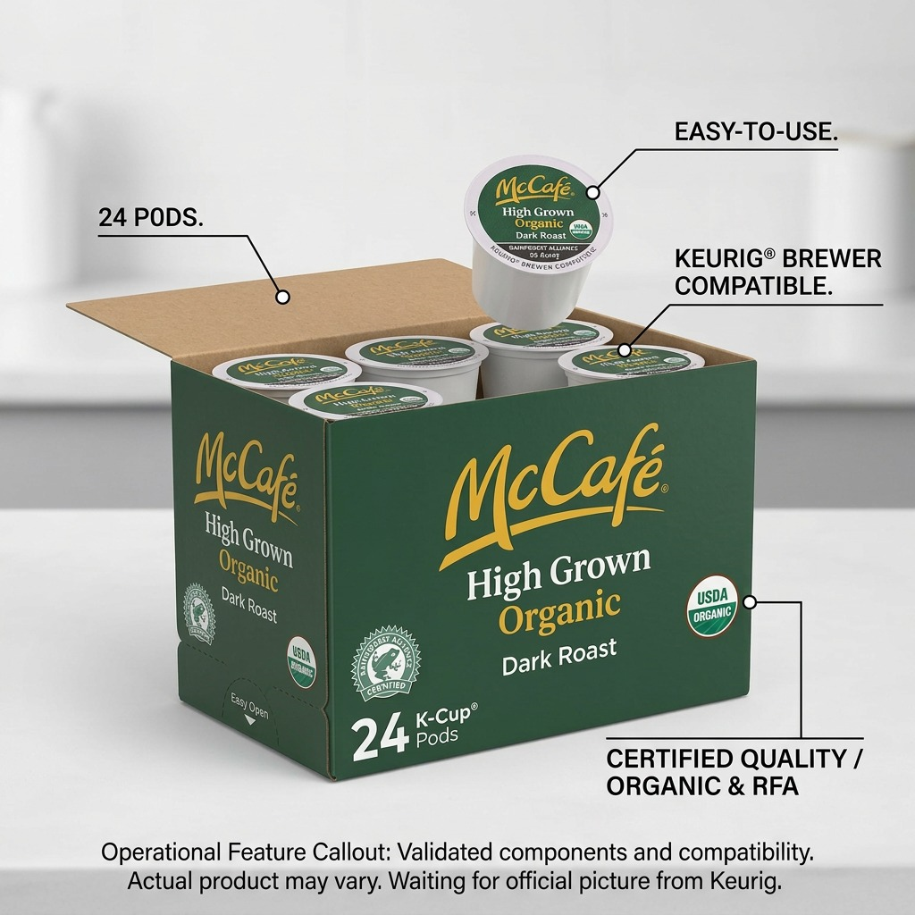 McCafé Organic Dark Roast 24ct K-Cup box with feature labels: organic, RFA, and Keurig compatible.