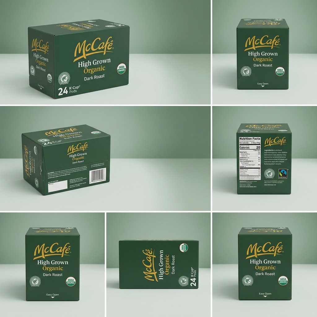 A grid showing multiple angles of McCafé High Grown Organic Dark Roast 24-pack K-Cup pod boxes.
