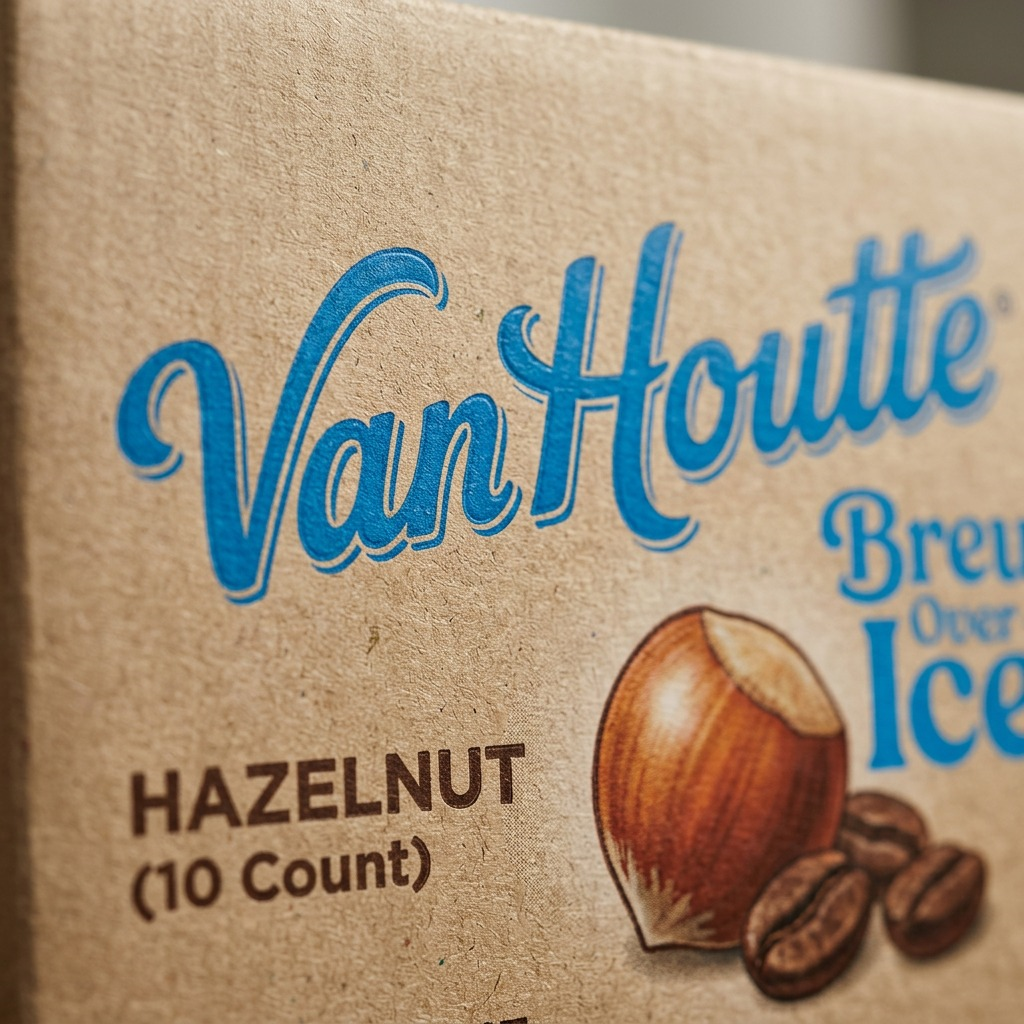 Macro detail of the Van Houtte Hazelnut Coffee 10-count box showing texture and blue logo print.