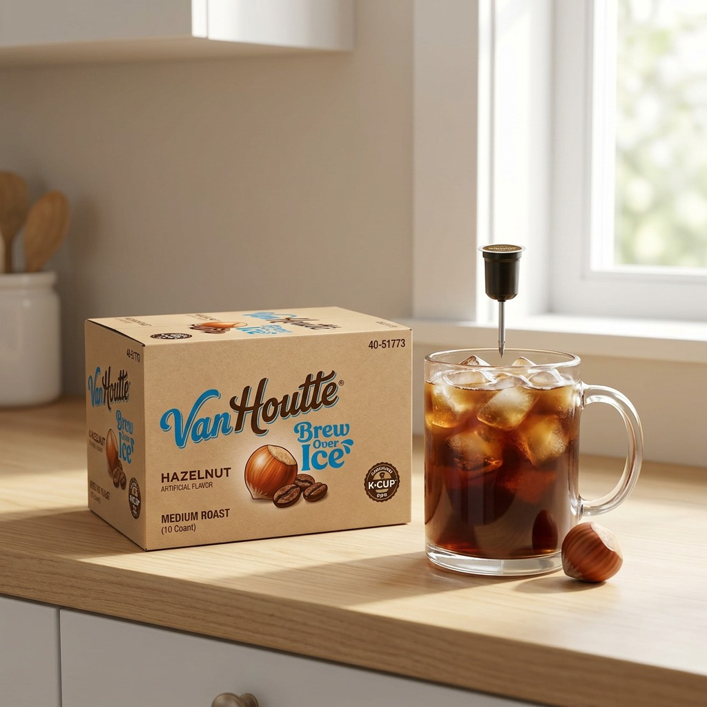 A box of Van Houtte Hazelnut Brew Over Ice K-Cup pods next to a glass of iced coffee on a counter.
