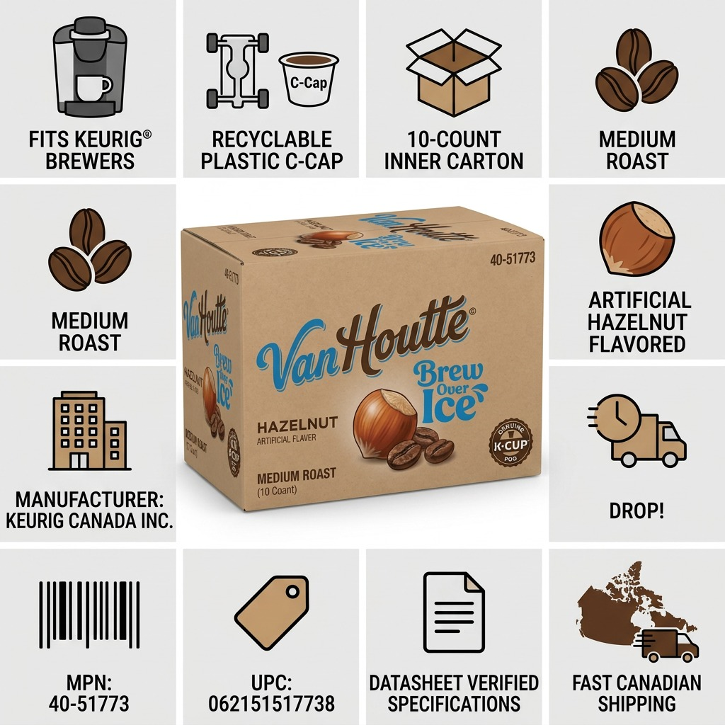 Infographic for Van Houtte Hazelnut K-Cup 10-pack showing Keurig compatibility and Canadian shipping.