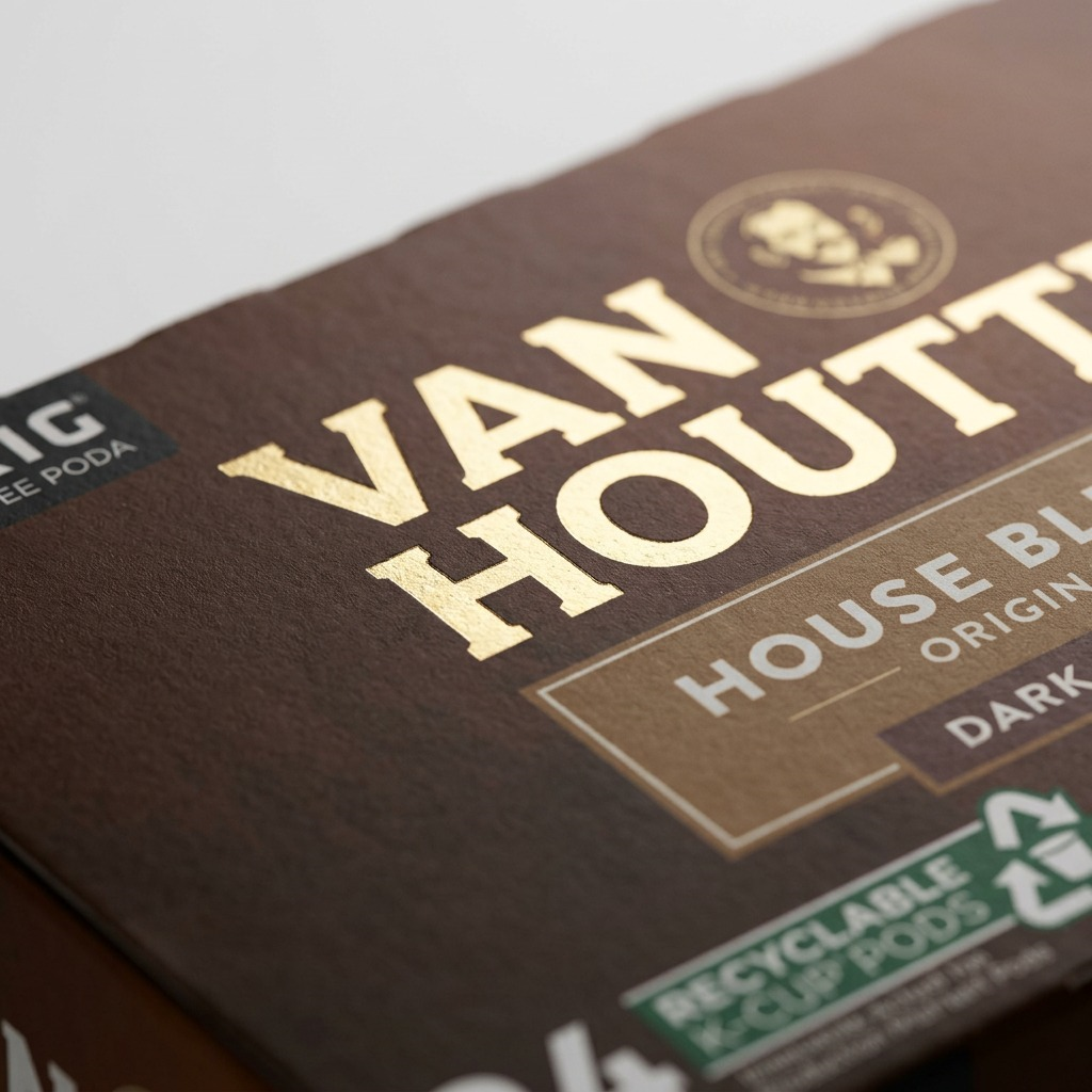 Macro view of Van Houtte House Blend Dark K-Cup packaging showing gold foil embossed lettering.