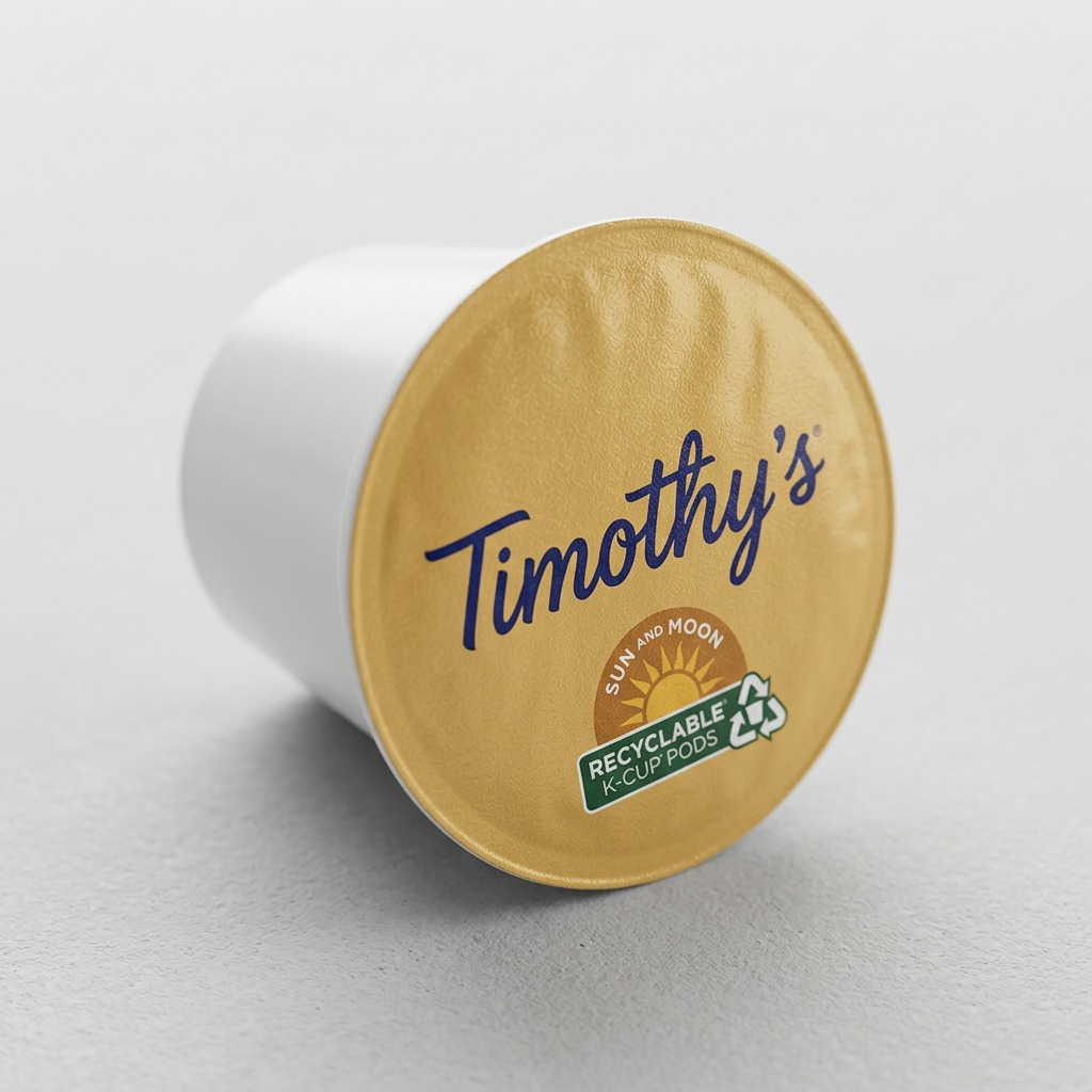 Macro view of Timothy's Breakfast Blend recyclable K-Cup pod with foil seal and logo detail.