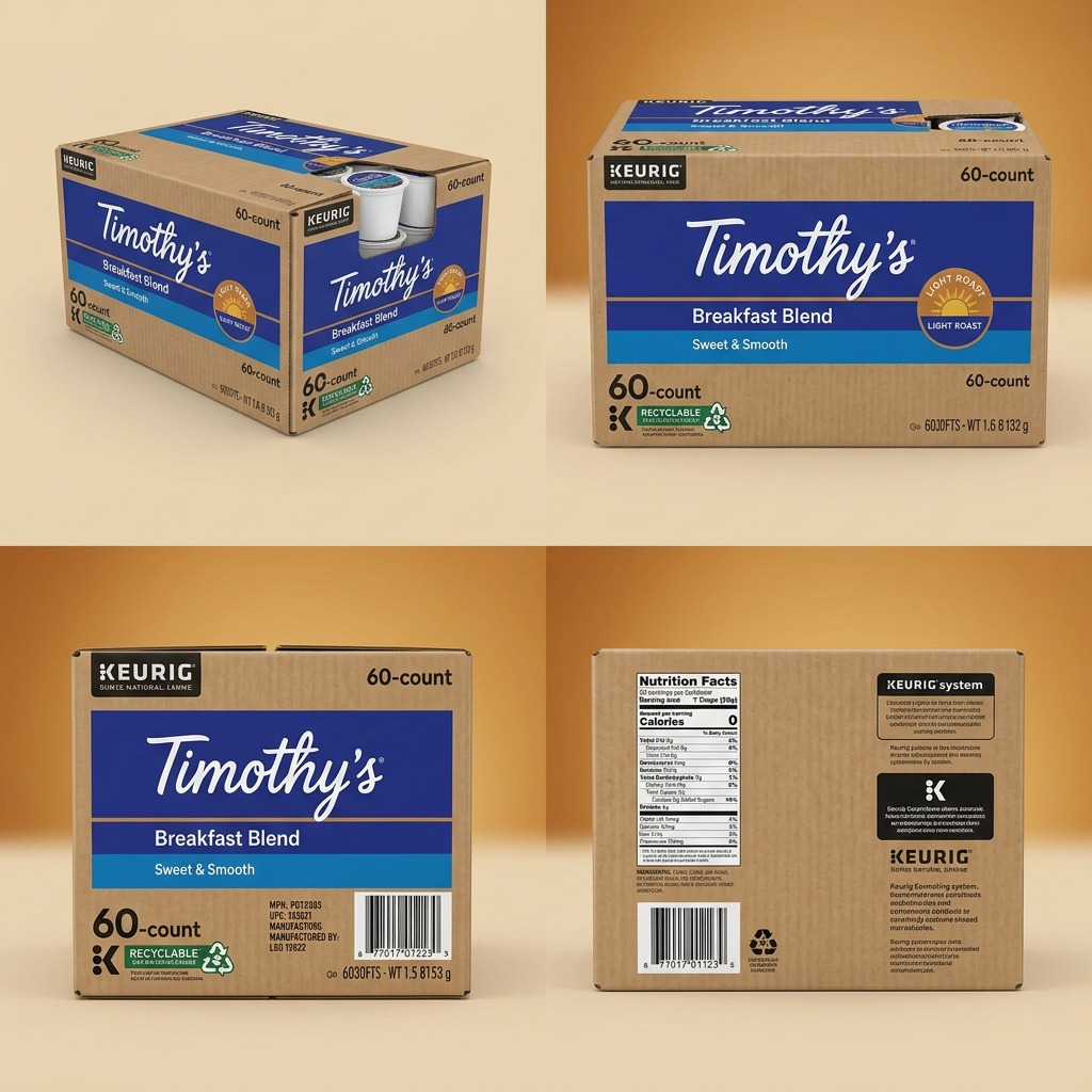 Four-view matrix of Timothy's Breakfast Blend 60-count K-Cup pod boxes showing multiple angles.