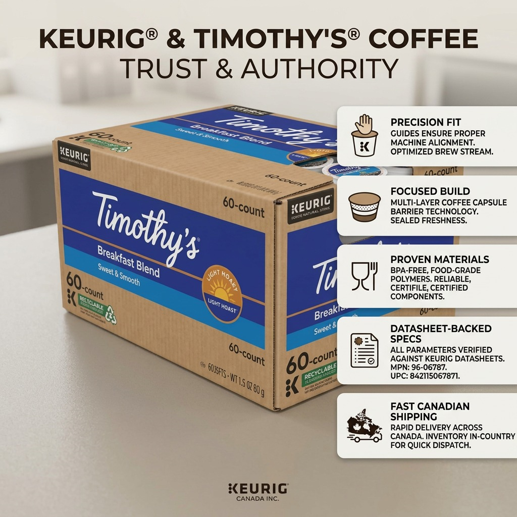 Timothy's Breakfast Blend 60-count K-Cup box with trust icons highlighting build and Canadian shipping.