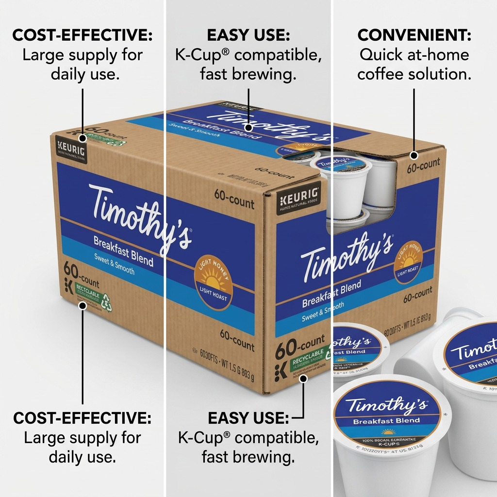 Feature graphic for Timothy's Breakfast Blend 60-count K-Cups highlighting ease of use and value.
