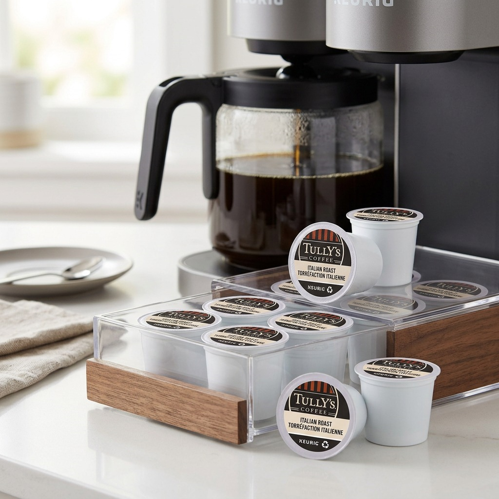 Tully's Italian Roast K-Cup pods in a clear organizer beside a Keurig coffee maker and glass carafe.